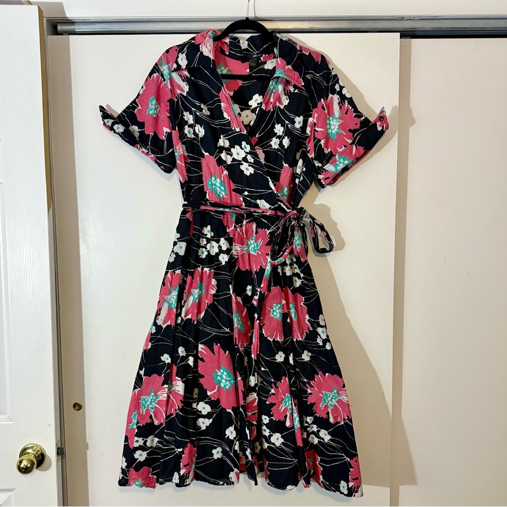 Vintage Inspired Floral on Black Faux Wrap Dress